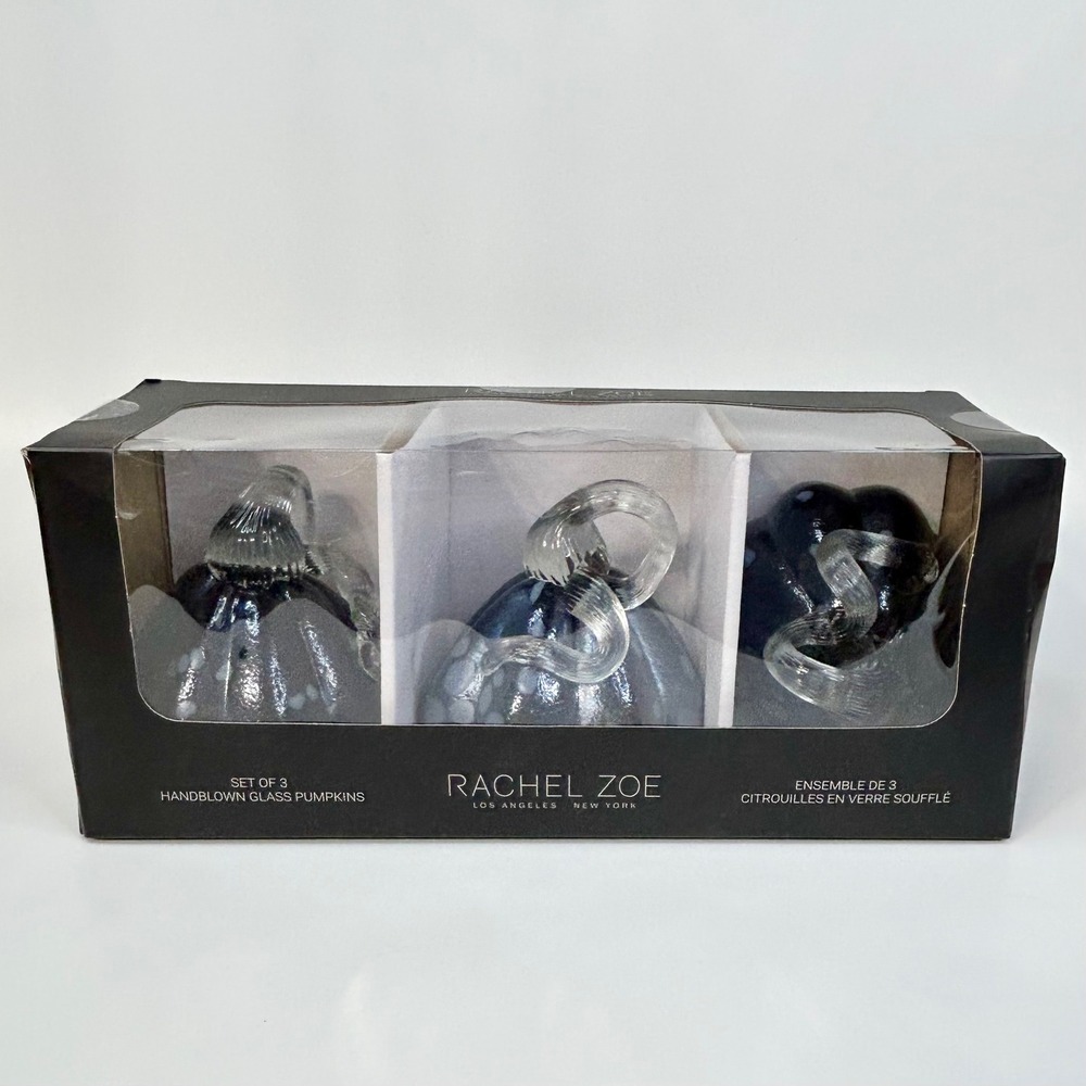 GLASS PUMPKINS Rachel Zoe Set of 3 Handblown Navy Blue Silver Fall Decor